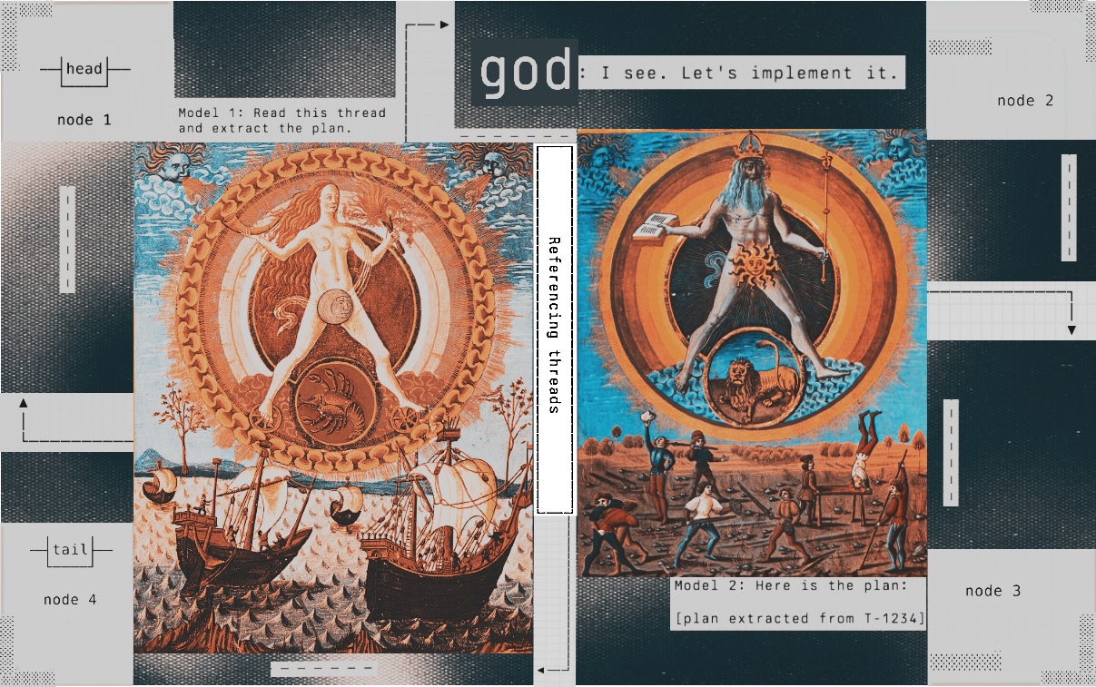 Cosmic Architecture: A visual representation of software development as spiritual practice, depicting the journey from concept to implementation through mythological imagery and system architecture diagrams